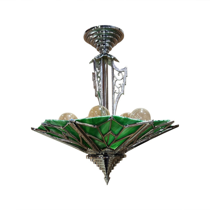 17 Inch Classic Art Deco Close Ceiling Light with Deco Green Glass (Polished Chrome Finish) COPPER MOUNTAIN HARDWARE