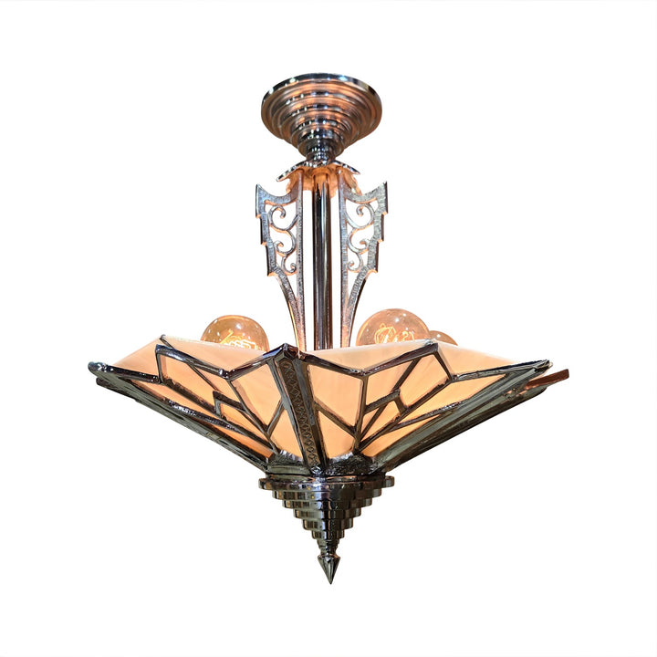 17 Inch Classic Art Deco Close Ceiling Light with Pink Champagne Glass (Polished Chrome Finish) COPPER MOUNTAIN HARDWARE
