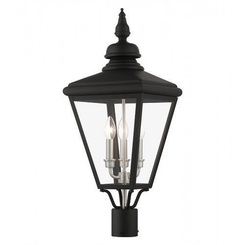 3 Light Black Outdoor Large Post Top Lantern with Brushed Nickel Finish Cluster Livex