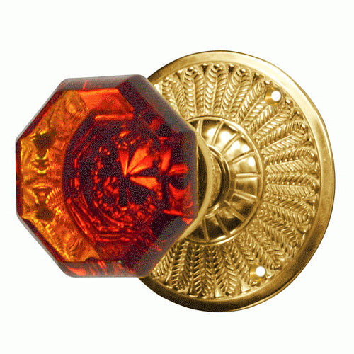 Feather Rosette Door Set with Amber Octagon Glass Door Knobs (Several Finishes Available)