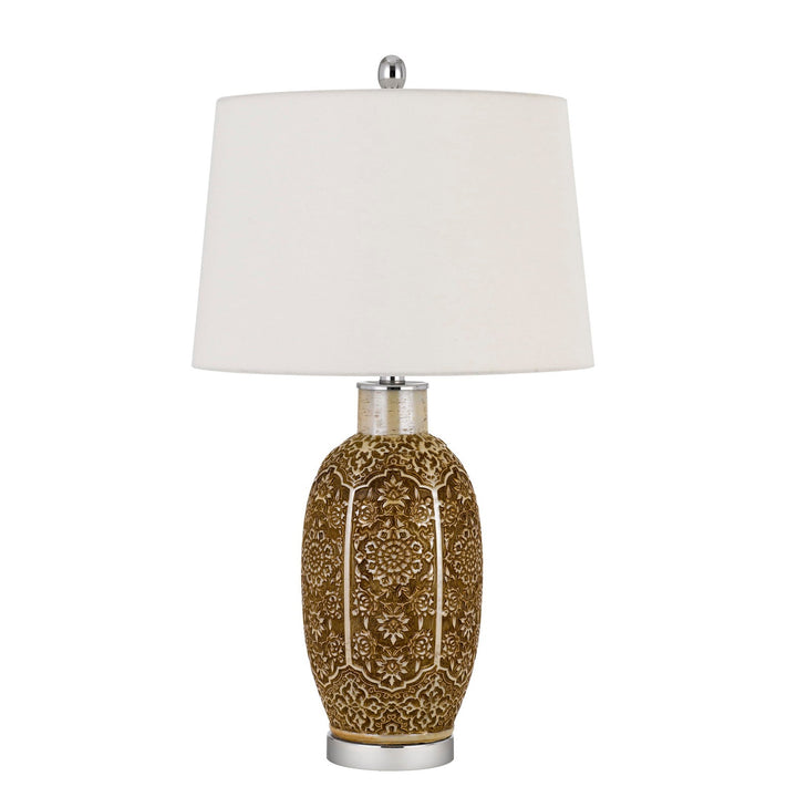 150W 3 WAY OLIVE CERAMIC TABLE LAMP WITH HARDBACK TAPER FABRIC DRUM SHADE Cal Lighting
