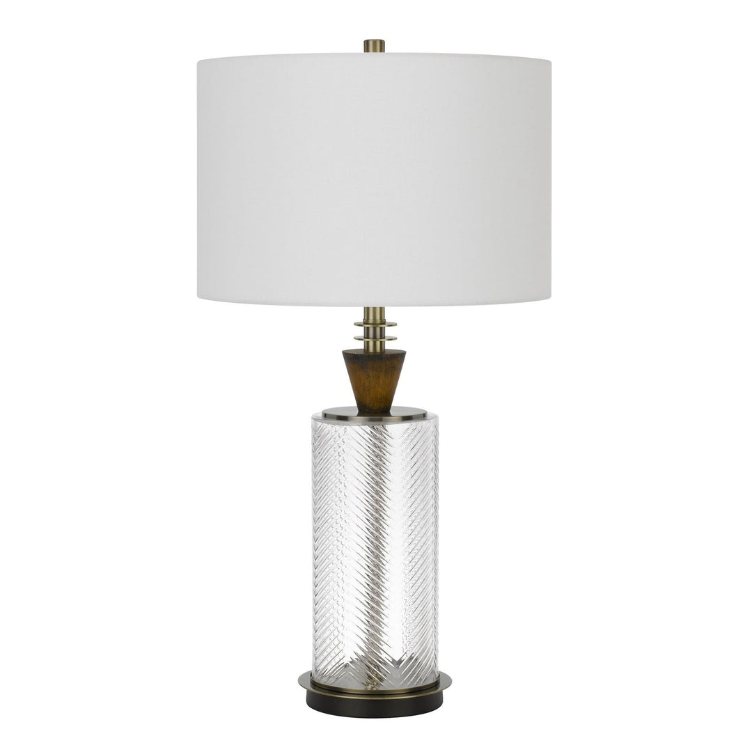150W 3 WAY SHERWOOD GLASS TABLE LAMP WITH WOOD FONT AND HARDBACK FABRIC DRUM SHADE Cal Lighting