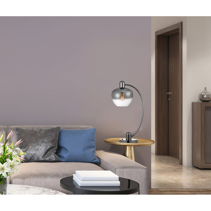 40W BROOKLINE METAL ARC TABLE LAMP WITH ELECTORAL PLATED SMOKED GLASS SHADE AND ON OFF ROCKER SWITCH Cal Lighting