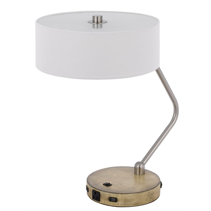 60W X 2 MARCOS METAL DESK LAMP WITH DRUM FABRIC SHADE AND 1 USB AND 1 TYPE C USB CHARGING PORT WITH RUBBER WOOD BASE Cal Lighting