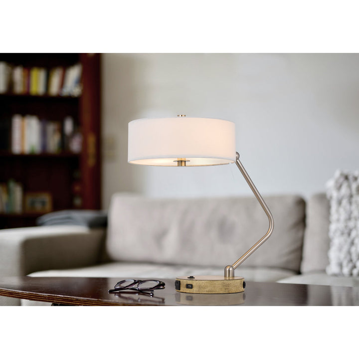60W X 2 MARCOS METAL DESK LAMP WITH DRUM FABRIC SHADE AND 1 USB AND 1 TYPE C USB CHARGING PORT WITH RUBBER WOOD BASE Cal Lighting