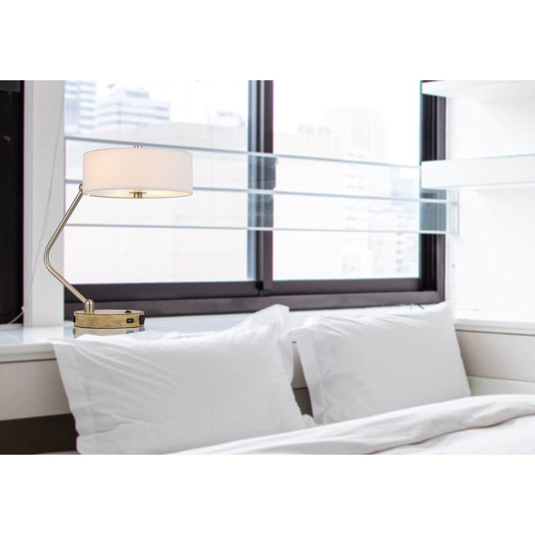 60W X 2 MARCOS METAL DESK LAMP WITH DRUM FABRIC SHADE AND 1 USB AND 1 TYPE C USB CHARGING PORT WITH RUBBER WOOD BASE Cal Lighting