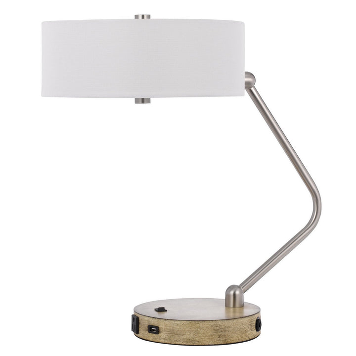 60W X 2 MARCOS METAL DESK LAMP WITH DRUM FABRIC SHADE AND 1 USB AND 1 TYPE C USB CHARGING PORT WITH RUBBER WOOD BASE Cal Lighting