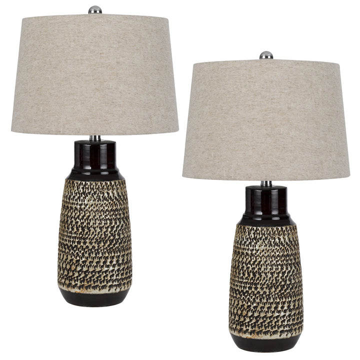 150W 3 WAY SCOTTSBORO CERAMIC TABLE LAMP AND HARDBACK TAPER DRUM SOFT BURLAP SHADE (SOLD AS PAIRS) Cal Lighting