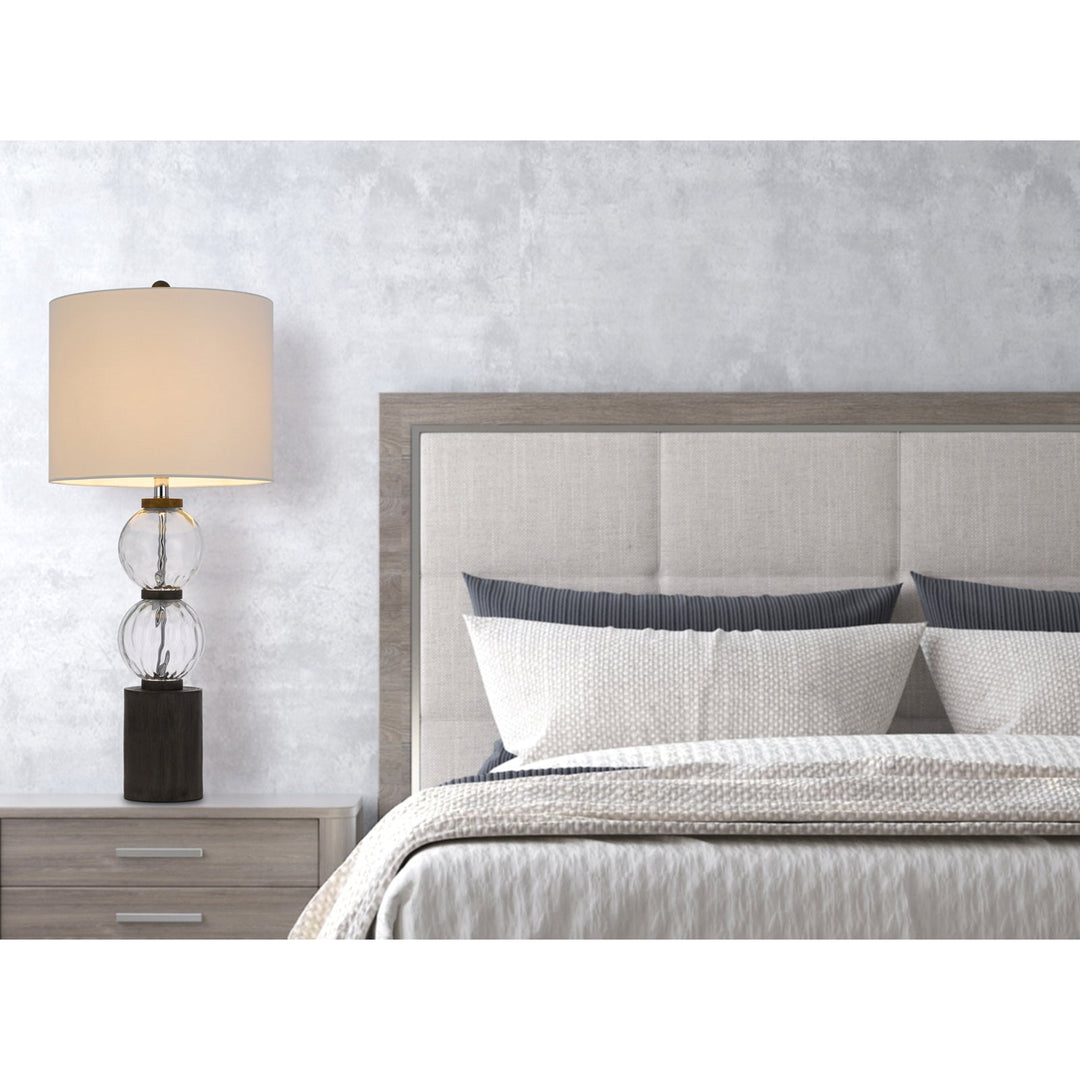 150W 3 WAY MYSTIC GLASS/RESIN TABLE LAMP WITH RESIN FAUX WOOD FINISH BASE AND HARDBACK DRUM FABRIC SHADE (SOLD AS PAIRS) Cal Lighting