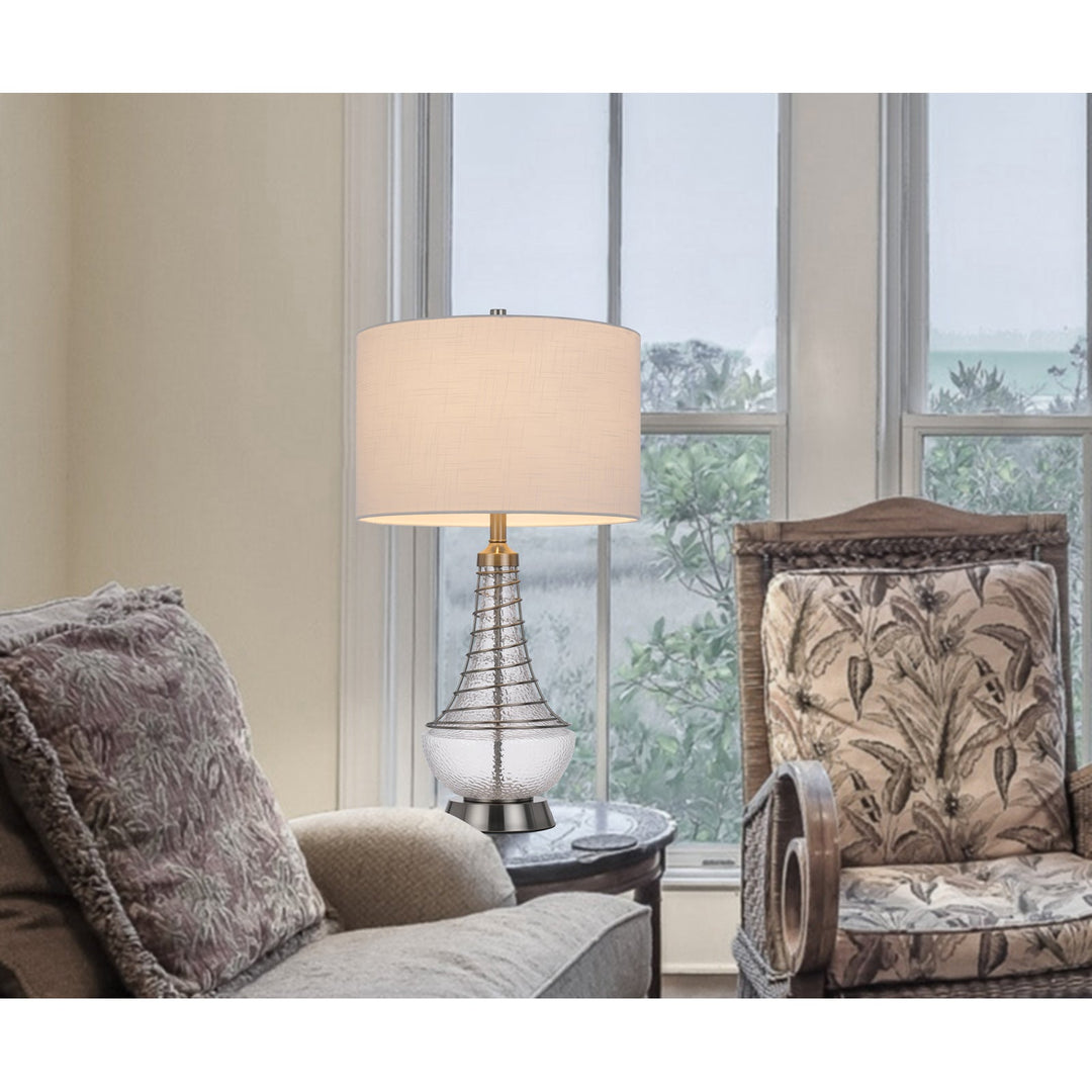 150W 3 WAY BARABOO GLASS TABLE LAMP WITH WIRE GUARD DESIGN AND DRUM FABRIC SHADE Cal Lighting