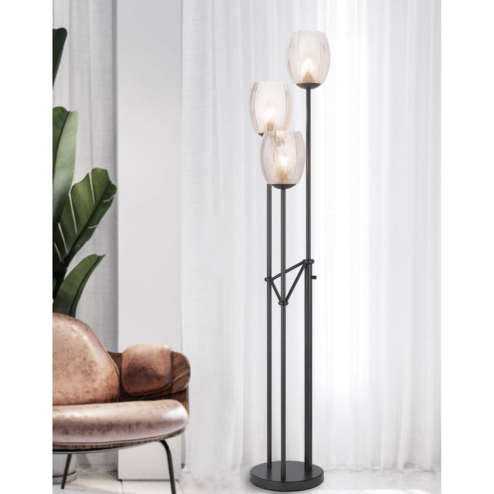 60W X 3 OCONTO METAL FLOOR LAMP WITH PATTERNED GLASS SHADES. Cal Lighting