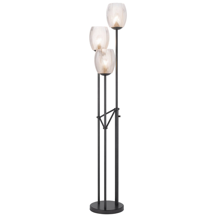60W X 3 OCONTO METAL FLOOR LAMP WITH PATTERNED GLASS SHADES. Cal Lighting