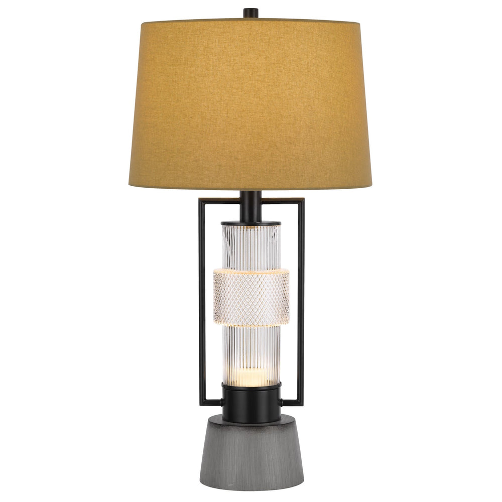 VALLDA 100W 3 WAY TABLE LAMP WITH 2W LED NIGHT LIGHT WITH METAL/GLASS BODY AND CEMENT BASE AND FINE BURLAP DRUM SHADE Cal Lighting