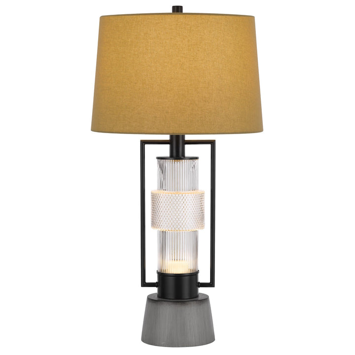 VALLDA 100W 3 WAY TABLE LAMP WITH 2W LED NIGHT LIGHT WITH METAL/GLASS BODY AND CEMENT BASE AND FINE BURLAP DRUM SHADE Cal Lighting