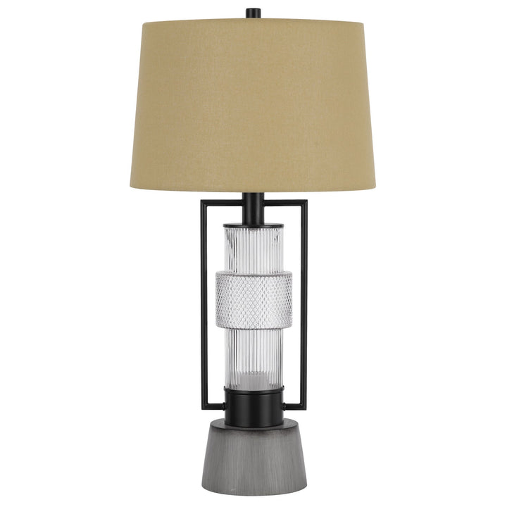 VALLDA 100W 3 WAY TABLE LAMP WITH 2W LED NIGHT LIGHT WITH METAL/GLASS BODY AND CEMENT BASE AND FINE BURLAP DRUM SHADE Cal Lighting
