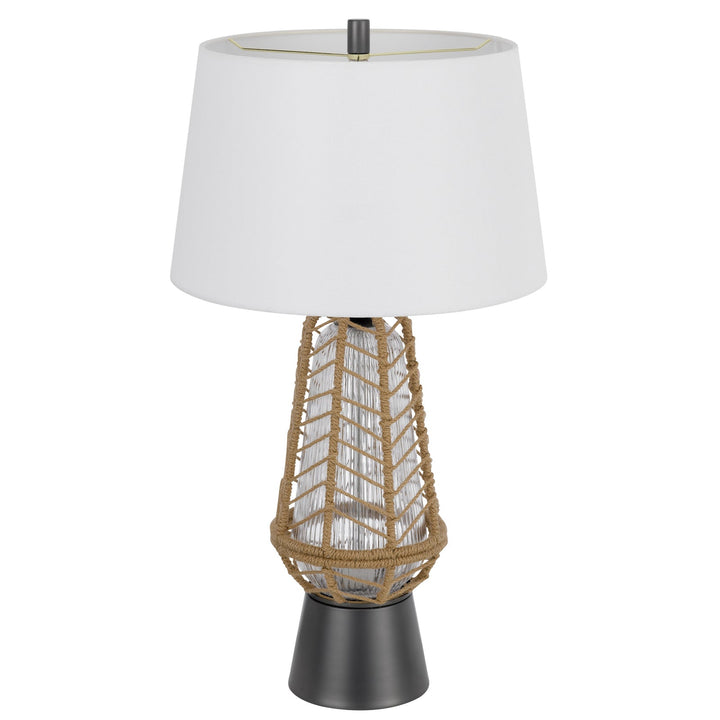 HANKO 100W 3 WAY TABLE LAMP WITH 2W LED NIGHT LIGHT WITH BURLAP WRAPPED GLASS AND METAL BASE Cal Lighting