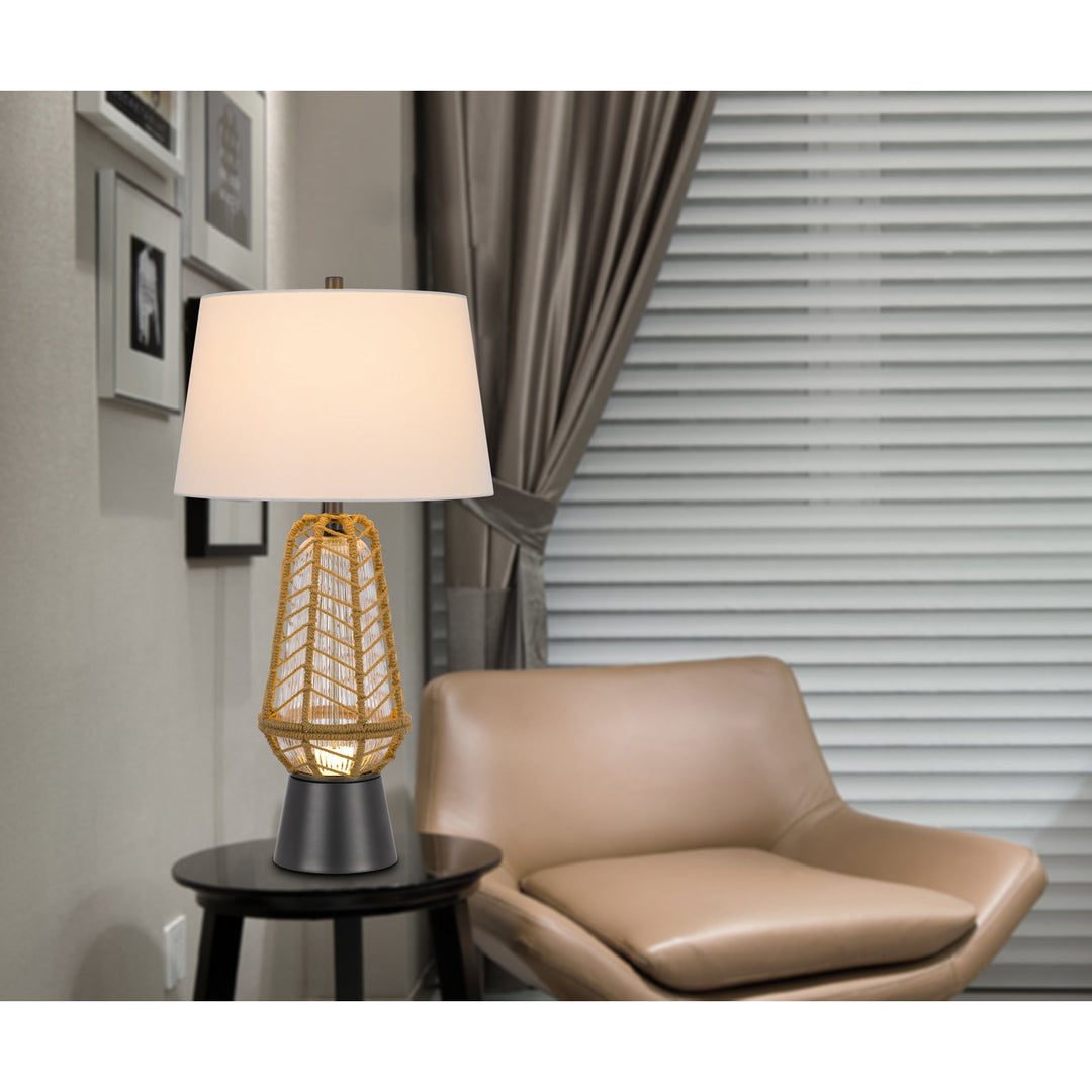 HANKO 100W 3 WAY TABLE LAMP WITH 2W LED NIGHT LIGHT WITH BURLAP WRAPPED GLASS AND METAL BASE Cal Lighting