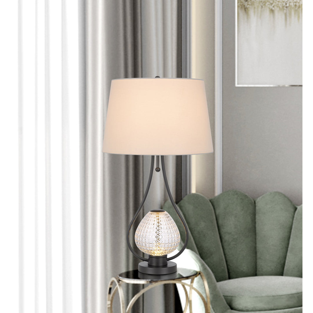 FORSSA 100W 3 WAY TABLE LAMP WITH 2W LED NIGHT LIGHT IN GLASS AND METAL BASE. Cal Lighting