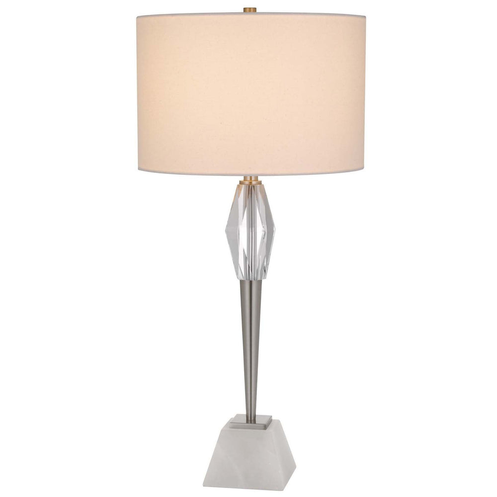 150W 3 WAY ASSEN METAL TABLE LAMP WITH CRYSTAL FONT / MARBLE BASE AND DRUM HARDBACK FABRIC SHADE Cal Lighting