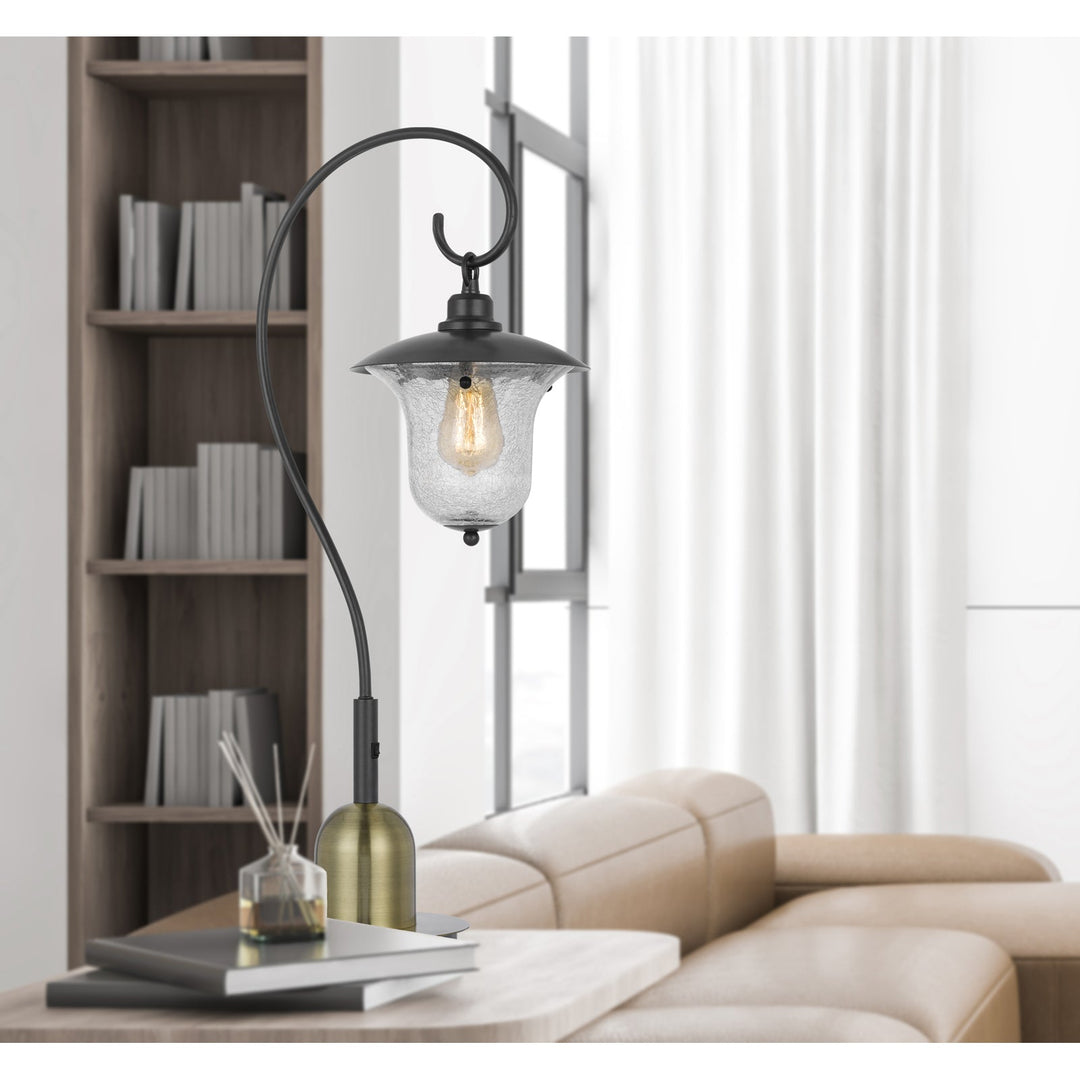 60W WALCOTT DOWNBRIDGE LANTERN METAL TABLE LAMP WITH BUBBLED GLASS SHADE Cal Lighting