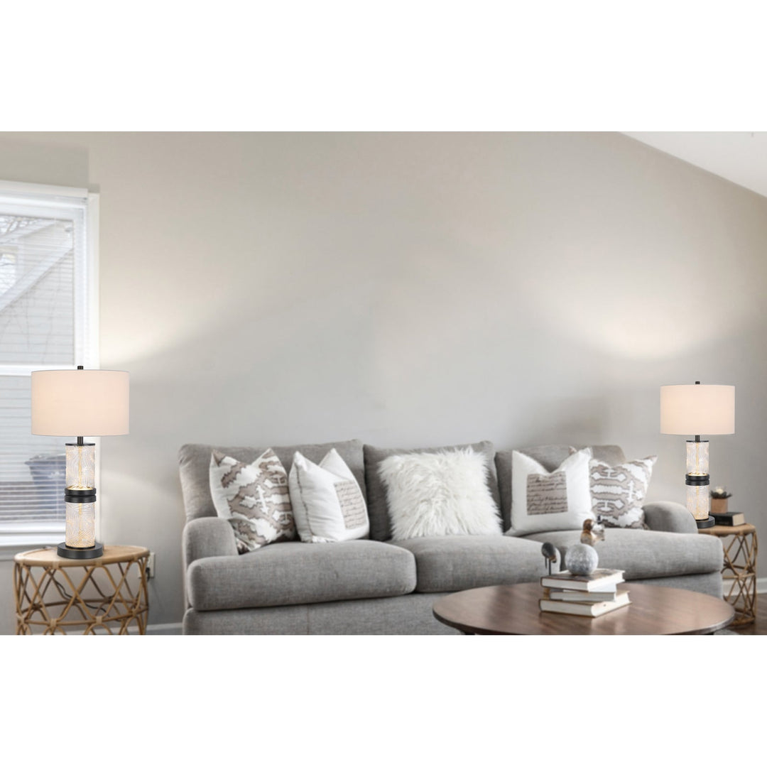 100W CARRINGTON METAL/GLASS TABLE LAMP WITH 4W INTEGRATED LED NIGHT LIGHT AND HARDBACK FABRIC SHADE Cal Lighting