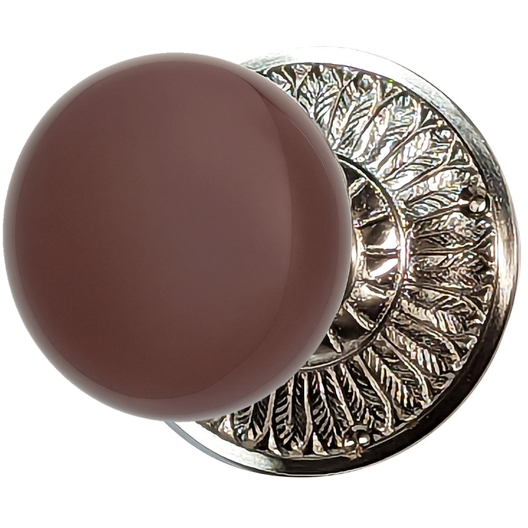 Brown Porcelain Door Knob with Brass Feathers Rosette