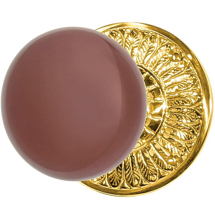 Brown Porcelain Door Knob with Brass Feathers Rosette