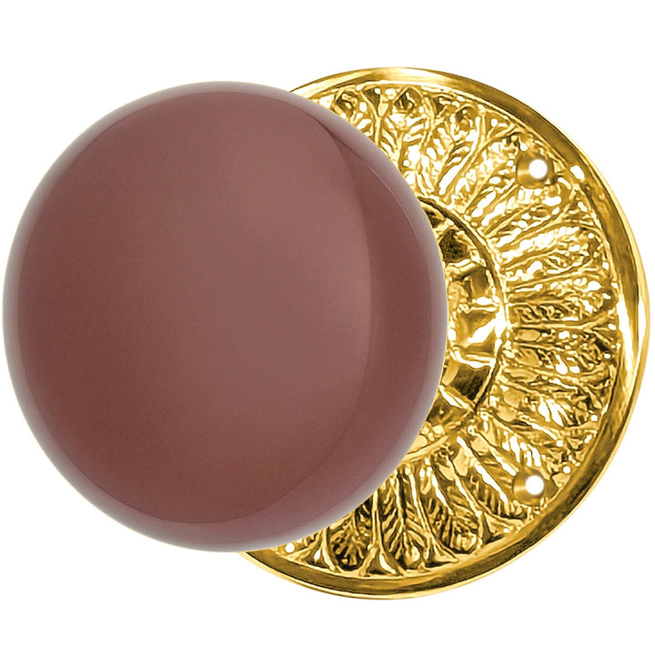 Brown Porcelain Door Knob with Brass Feathers Rosette