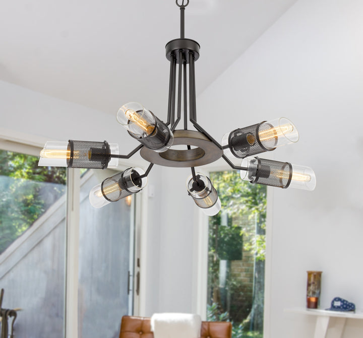 60W X 6 SAVONA PINE WOOD/METAL CHANDELIER WITH DOUBLE LAYER GLASS/METAL MESH SHADE. (EDISON BULBS NOT INCLUDED) Cal Lighting