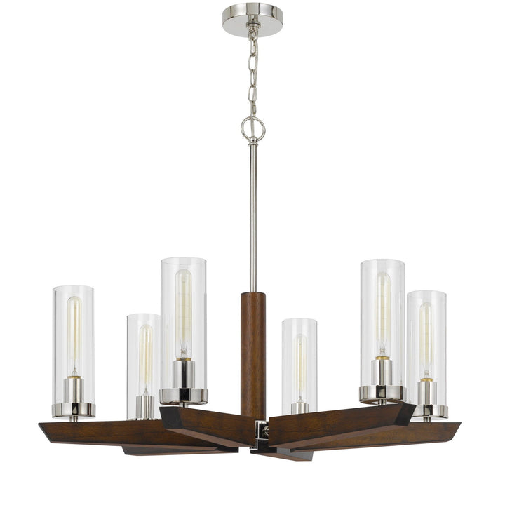 60W X 6 ERCOLANO PINE WOOD/METAL CHANDELIER WITH CLEAR GLASS SHADE (EDISON BULBS NOT INCLUDED) Cal Lighting