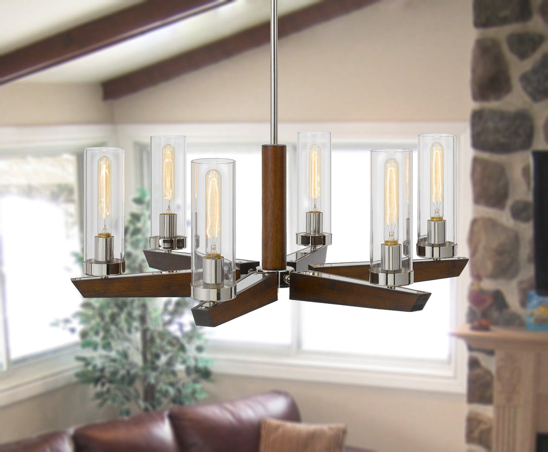 60W X 6 ERCOLANO PINE WOOD/METAL CHANDELIER WITH CLEAR GLASS SHADE (EDISON BULBS NOT INCLUDED) Cal Lighting