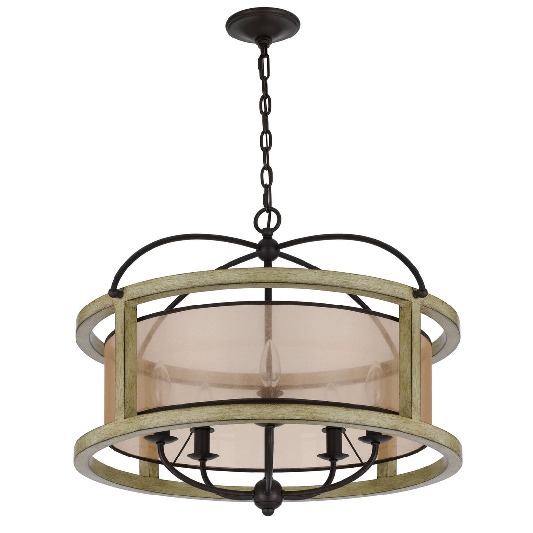 PALENCIA RUBBER WOOD ROUND CHANDELIER WITH ORGANZA SHADE Cal Lighting