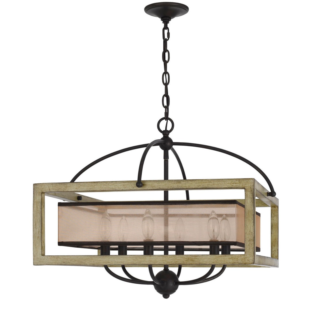 PALENCIA RUBBER WOOD SQUARE CHANDELIER WITH ORGANZA SHADE Cal Lighting