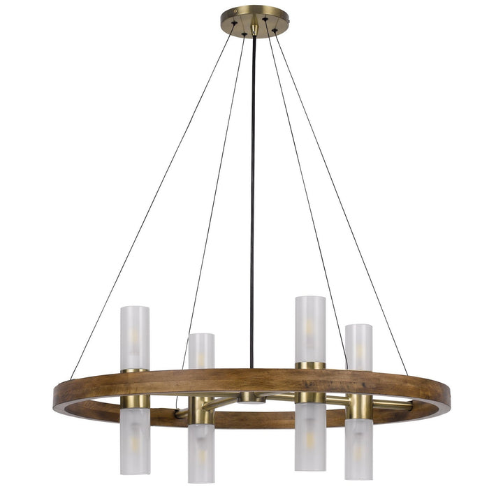 40W X 8 HEMPSTEAD BIRCH WOOD CYLINDER CHANDELIER WITH ADJUSTABLE STEEL CABLE AND GLASS SHADES Cal Lighting