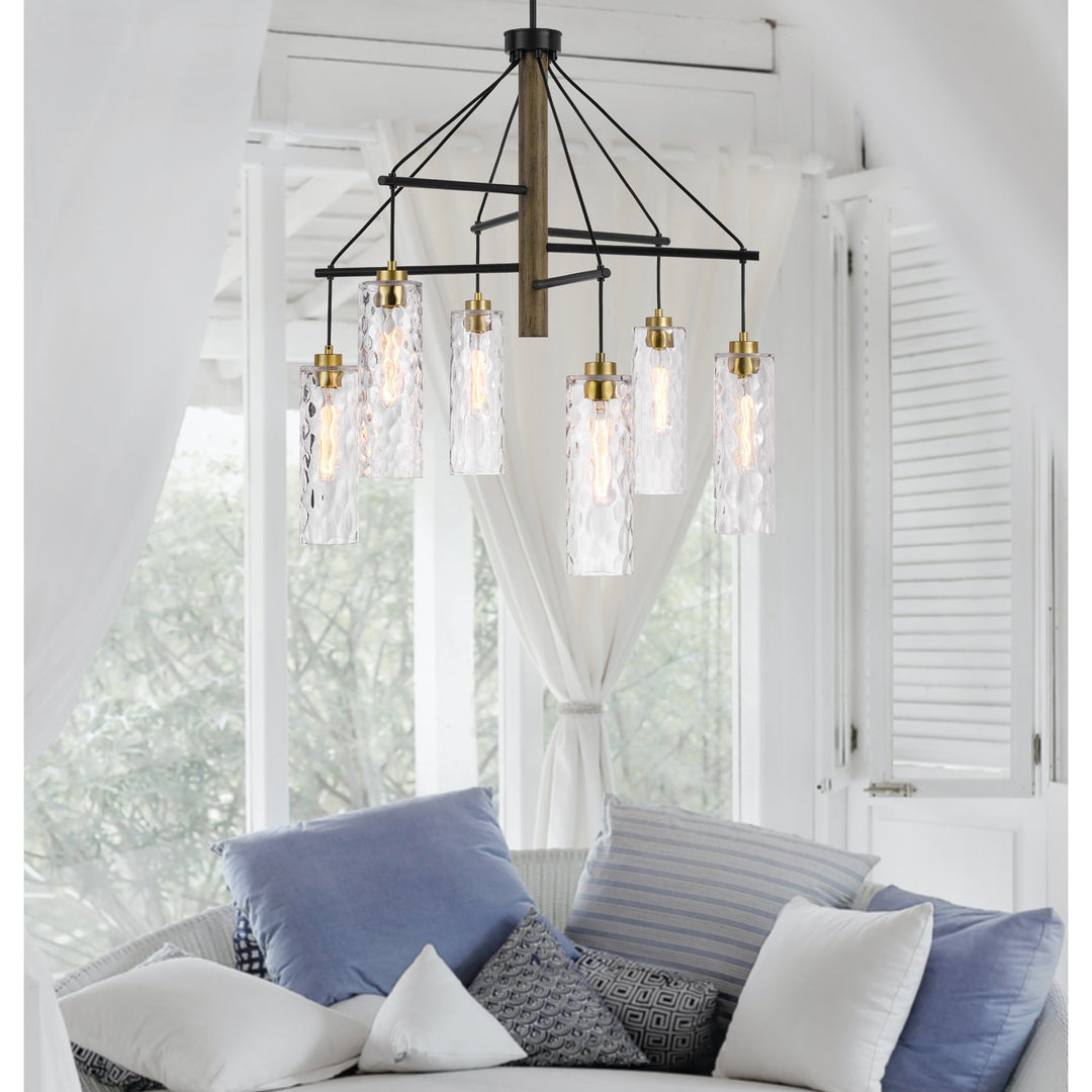 60W X 6 WILLISTON RUBBER WOOD CHANDELIER WITH HANGING TEXTURED GLASS SHADES Cal Lighting