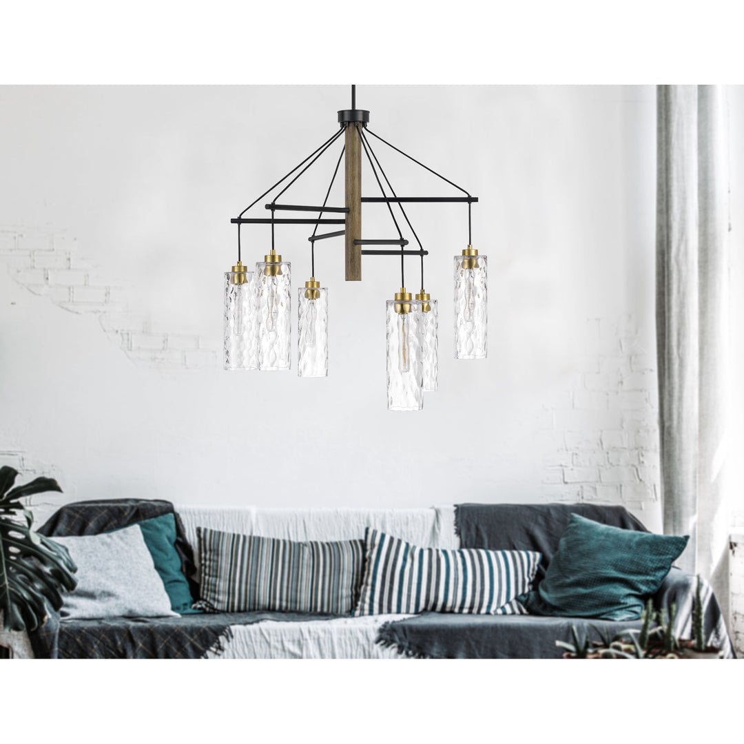 60W X 6 WILLISTON RUBBER WOOD CHANDELIER WITH HANGING TEXTURED GLASS SHADES Cal Lighting
