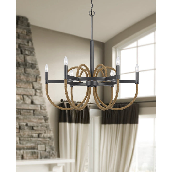 ROWLAND 60W X 6 METAL/BURLAP ROPED CHANDELIER Cal Lighting