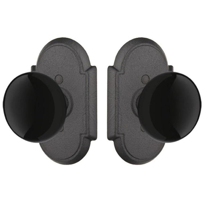 Wrought Steel Arched Rosettes With Black Porcelain Door Knobs (Several Finish Options) EMTEK