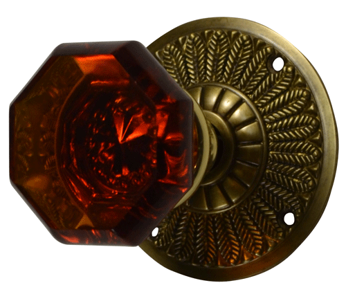 Feather Rosette Door Set with Amber Octagon Glass Door Knobs (Several Finishes Available) COPPER MOUNTAIN HARDWARE