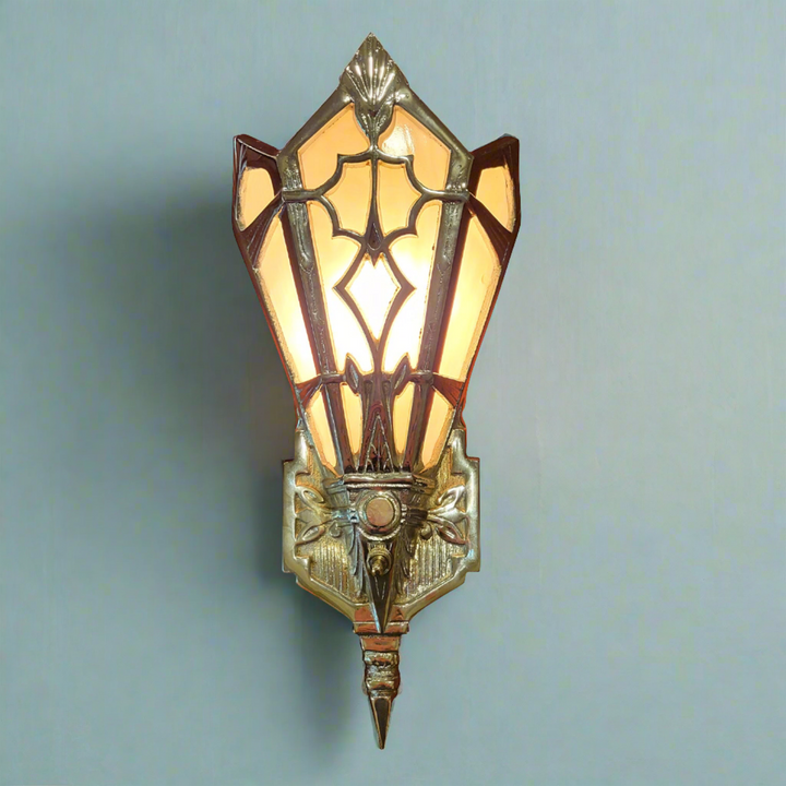 14 Inch Art Deco Stained Glass Shade Pink Champagne Wall Sconce in Polished Chrome COPPER MOUNTAIN HARDWARE