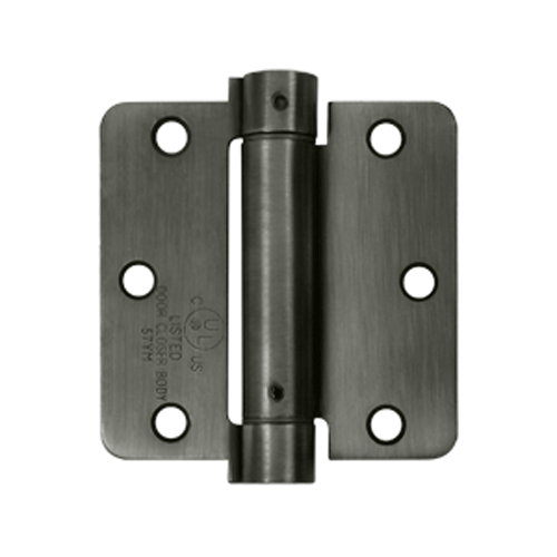 3 1/2 Inch x 3 1/2 Inch Steel Spring Hinge (1/4 Radius Corner, Antique Nickel Finish) DELTANA