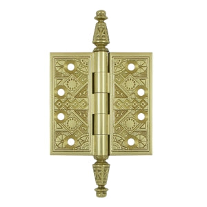 3 1/2 X 3 1/2 Inch Solid Brass Ornate Finial Style Hinge (Polished Brass Finish) DELTANA